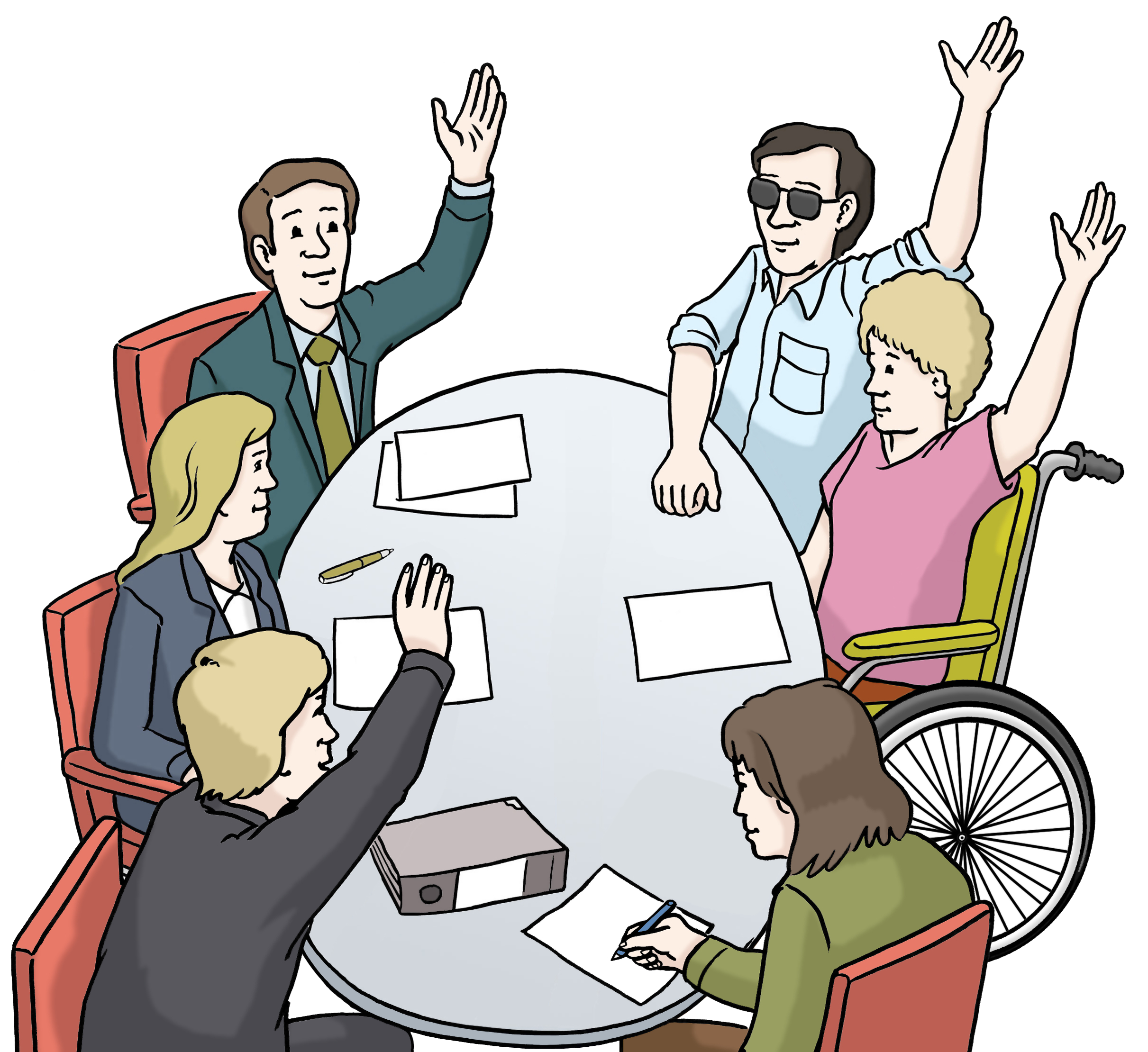 Zeichnung von mehreren Menschen mit und ohne Behinderungen an einem Tisch, die über etwas abstimmen.  Zeichnung von mehreren Menschen mit und ohne Behinderungen an einem Tisch, die über etwas abstimmen.