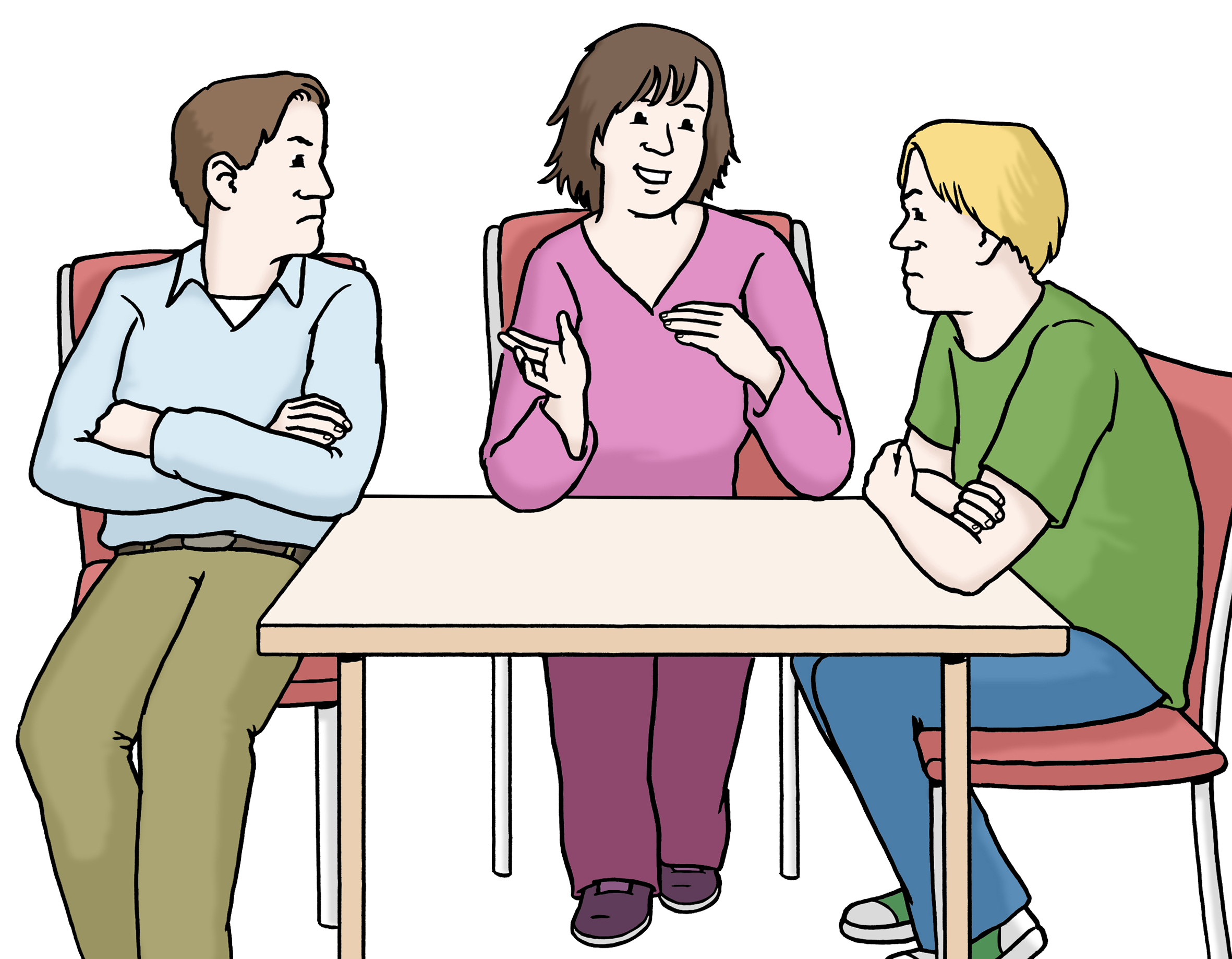 verweist auf: Schlichtungs-Stelle Zeichnung: Ein Mensch vermittelt zwischen zwei streitenden Menschen. Alle sitzen an einem Tisch.  (verweist auf: Schlichtungs-Stelle)