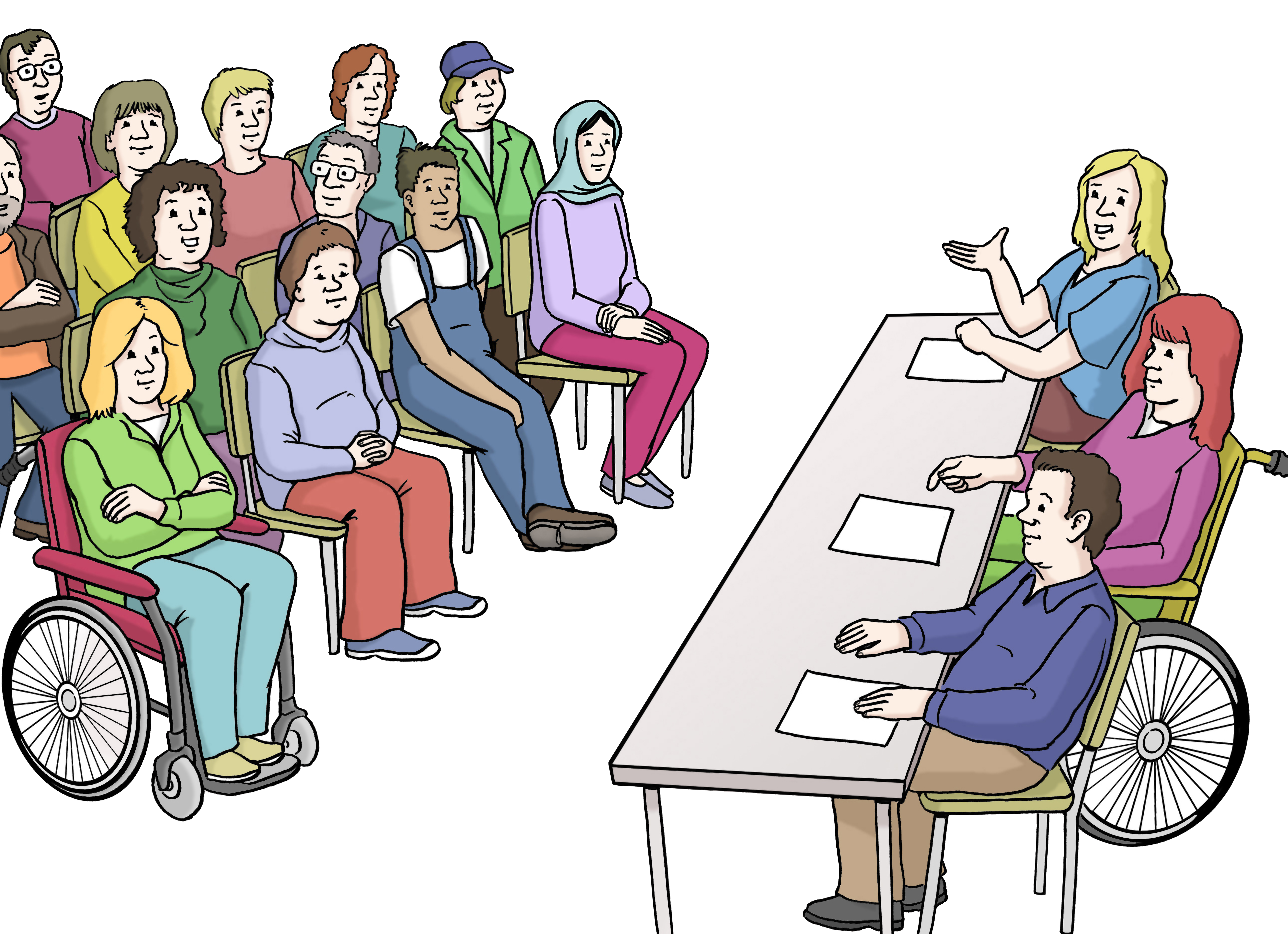 Zeichnung: Mehrere Menschen sitzen reihenweise auf Stühlen und hören Personen am Rednerpult zu.  Zeichnung: Mehrere Menschen sitzen reihenweise auf Stühlen und hören Personen am Rednerpult zu.